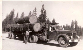 Jack with the "Evey" with a three-log load of sugar pine at
Greenville, CA. c.
1950.