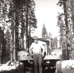 Gypo (independent) logging truck driver, Bob Stoy, with his classic
Sterling logging truck. Swain Mountain c.
1965.