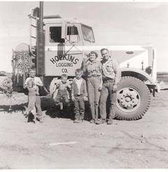 The Hopkins family pose with the Sierra Queen. L-R: Bill with our dog,
Spike, Tom, Jim, Evelyn and Jack. c.
1959.